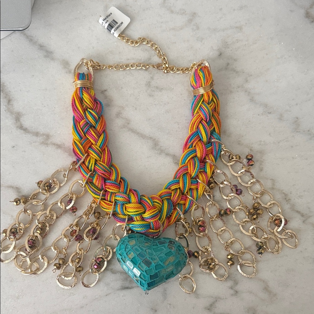 Braided Rainbow Love Statement Necklace with Gold Tone Accents-NWT!! - Picture 6 of 6